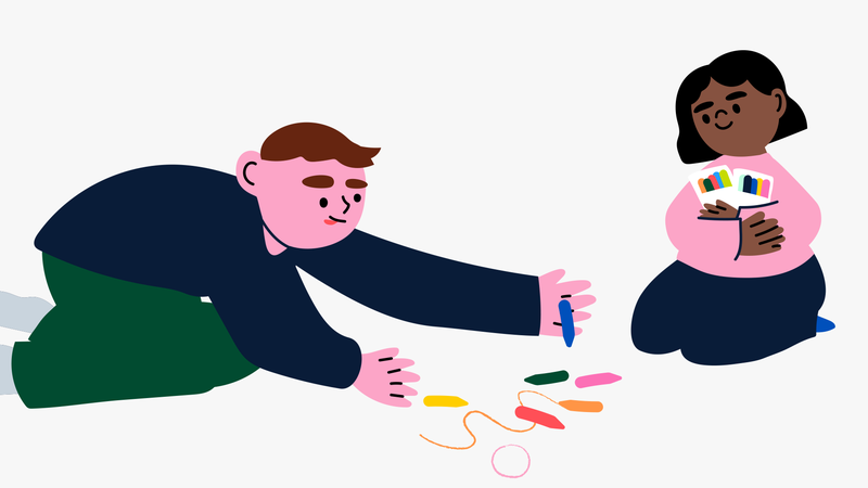 Kaksi lasta piirtää värikynillä lattialla, piirroskuva.