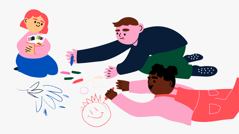 Kolme lasta piirtää värikynillä lattialla, piirroskuva.