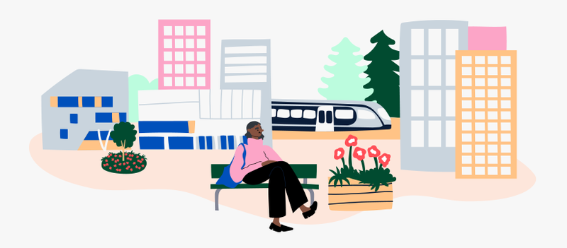 Ihminen istuu penkillä, taustalla istutuksia, juna, kerrostaloja ja metsää, piirroskuva.