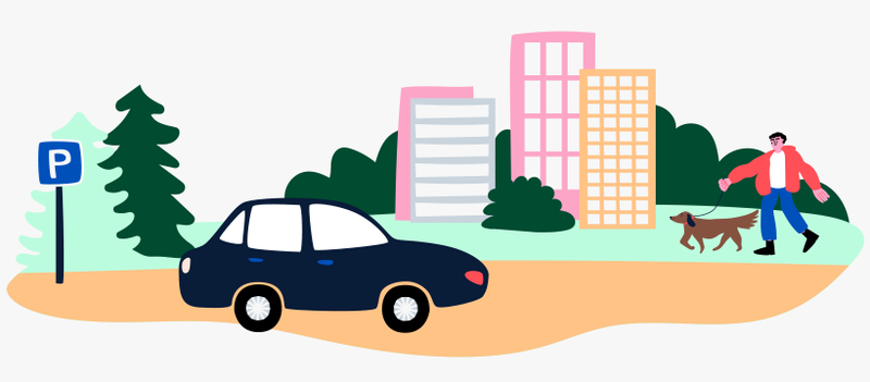 Henkilöauto pysäköitynä pysäköintialueelle, taustalla koiraa ulkoiluttava ihminen, puita ja kerrostaloja, piirroskuva.