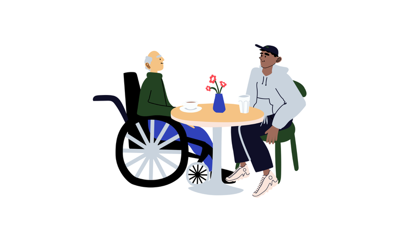 Ikäihminen ja nuori kahvilla pienen pöydän ääressä, piirroskuva.