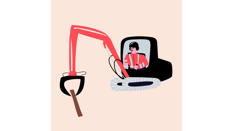 Työkone siirtää palkkia rakennustyömaalla, piirroskuva.