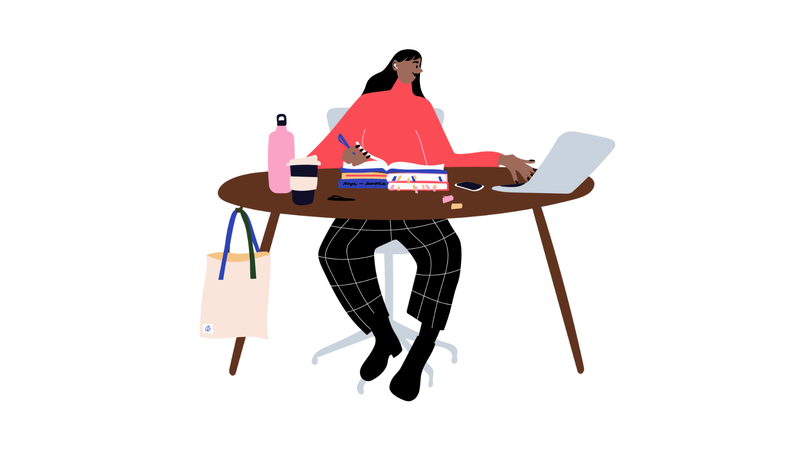 Opiskelija tekee muistiinpanoja ja käyttää kannettavaa tietokonetta työpöydän ääressä, piirroskuva.