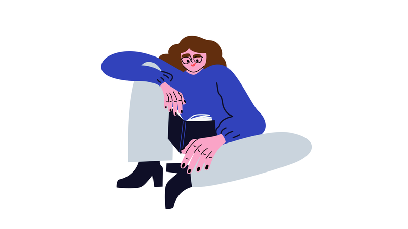 Ihminen istuu lattialla kirjaa lukien, piirroskuva.