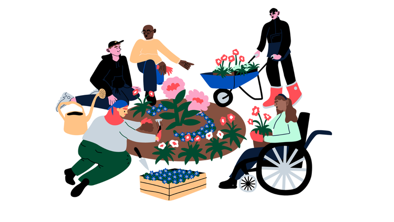 Ihmisiä puutarhatöissä