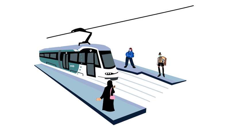 Raide-Jokeri saapuu pysäkille, kolme ihmistä odottaa sitä, piirroskuva.