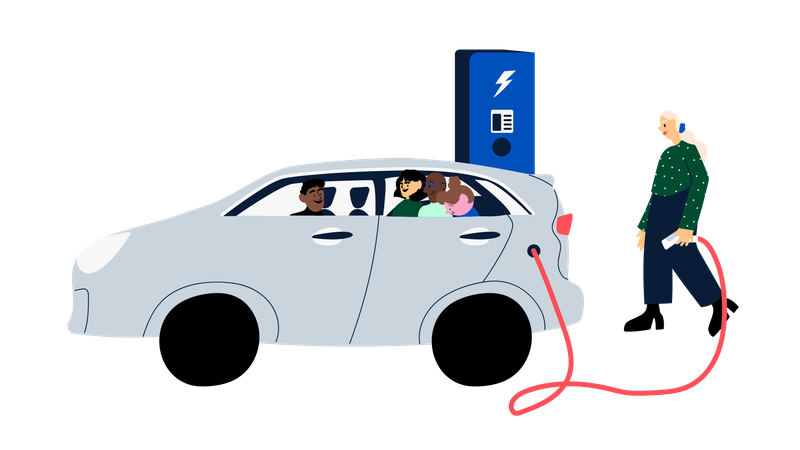 Ihminen on laittamassa sähköauton lataukseen, piirroskuva.