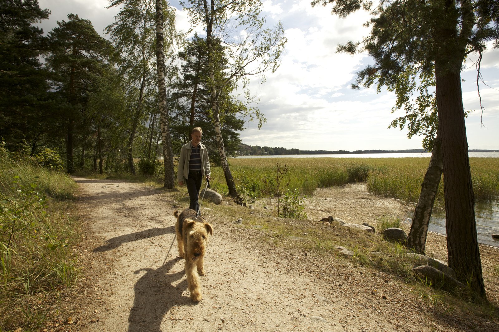 Klobbenin uimaranta ilta-auringossa, ihminen ulkoiluttaa koiraa.