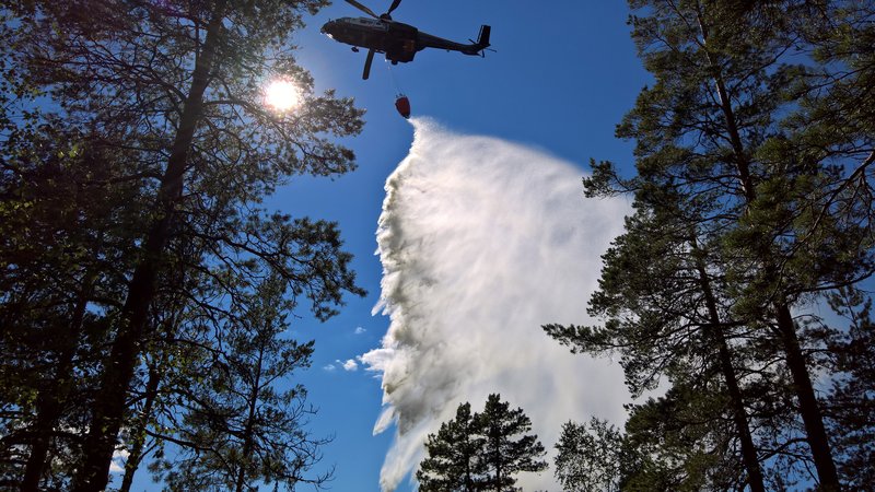 Sammutushelikopteri pudottaa vettä metsän päälle.