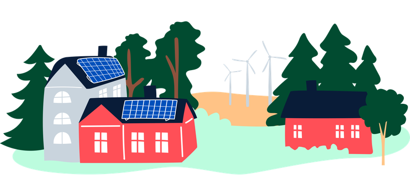 Aurinkopaneeleja talojen katoilla, taustalla metsää ja tuulimyllyjä, piirroskuva.