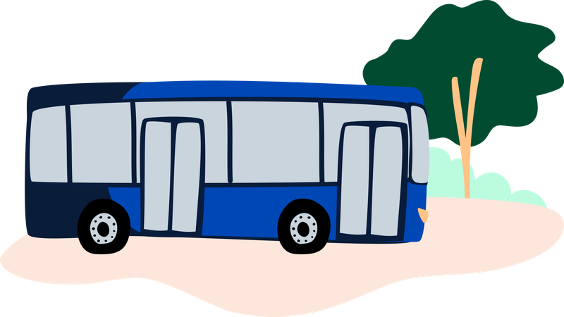 Bussi ajaa maantiellä, taustalla puu, piirroskuva.