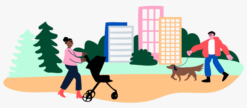 Ihminen työntää lastenrattaita kävelytiellä, toinen ihminen kävelee vastaan ulkoiluttaen koiraa, taustalla puita ja kerrostaloja, piirroskuva.
