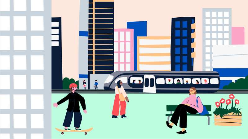 Nuori skeittaa kadulla, aikuinen istuu penkillä ja kolmas ihminen kävelee kohti junaa, kuvan etu- ja taka-alalla istutuksia, kerrostaloja ja juna, piirroskuva.