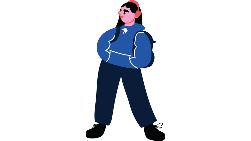 Nuori seisoo kädet takin taskuissa kuulokkeet päässään, piirroskuva.