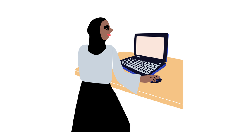 Ihminen käyttää kannettavaa tietokonetta seisten työpöydän ääressä, piirroskuva.