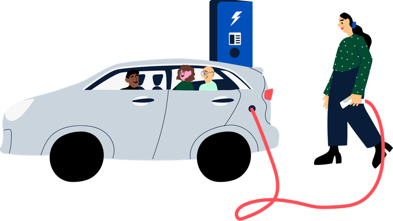 Ihminen on laittamassa sähköauton lataukseen, piirroskuva.