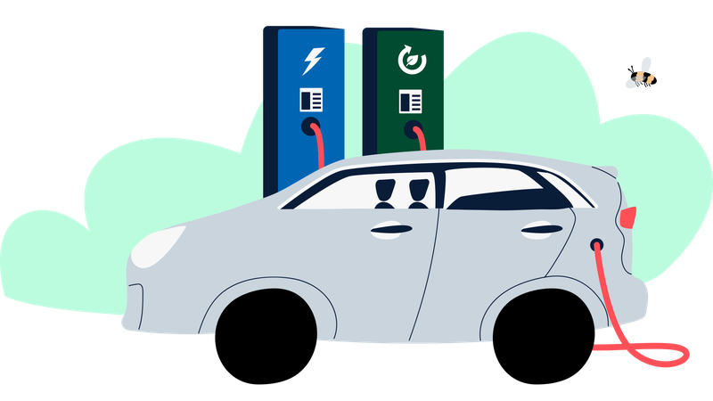 Sähköauto latauksessa, piirroskuva.