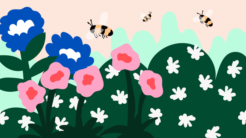 Lentäviä mehiläisiä erilaisten kukkien yllä, piirroskuva.