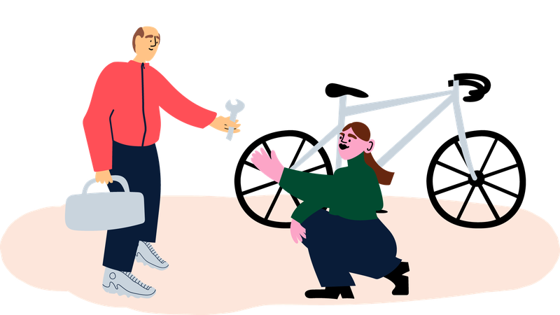 Kaksi ihmistä korjaa polkupyörää, piirroskuva.