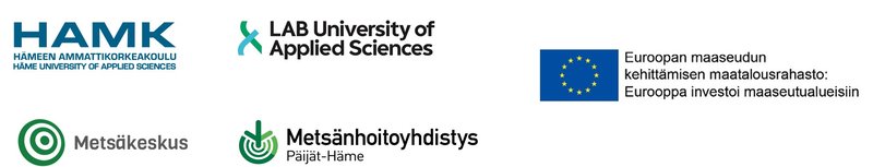 Hämeen ammattikorkeakoulun, LAB-ammattikorkeakoulun, Suomen Metsäkeskuksen, Metsänhoitoyhdistys Päijät-Hämeen ja Euroopan maaseudun kehittämisen maatalousrahaston logot.