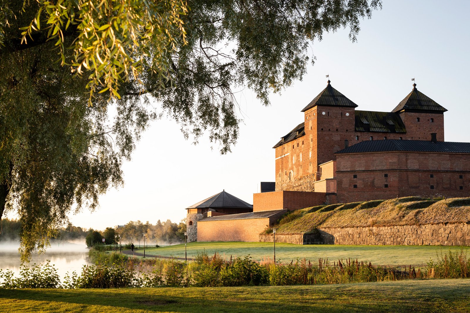 Oikealla Hämeen linna auringonvalossa. Taustalla vettä, jonka päällä usvaa. Vasemmalla etualalla hopeasalavan lehtiä.